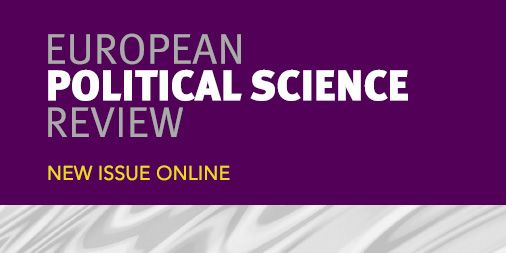 Promotional banner for the "European Political Science Review" announcing a new issue available online, with a purple background.