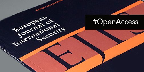 Close-up of a copy of the European Journal of International Security with a hashtag '#OpenAccess' visible in the corner.