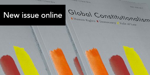 Promotional image featuring a close-up view of the journal 'Global Constitutionalism' with the text 'New issue online' overlaid at the top.