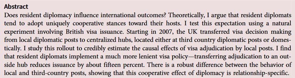 PSRM abstract discussing a study on the impact of resident diplomacy on visa issuance by UK diplomatic posts, emphasizing the change in adjudication processes and its effects on international relations.