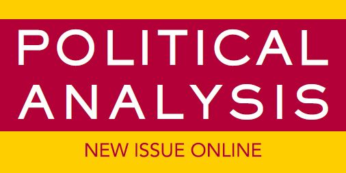 Promotional graphic for "Political Analysis" featuring text 'New Issue Online' set against a yellow and red background.