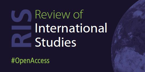 Review of International Studies open access graphic in blue, green and white with globe image