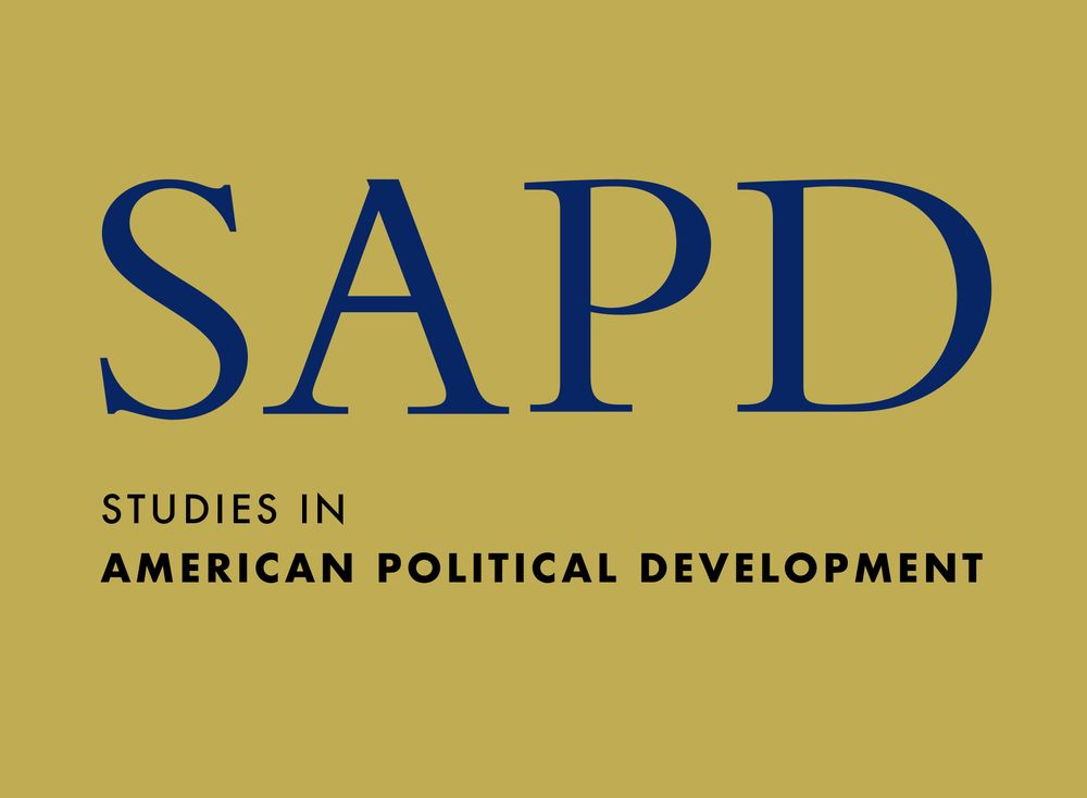 Logo of "Studies in American Political Development" featuring the acronym "SAPD" in large blue letters on a gold background, with the full name written underneath in smaller text.