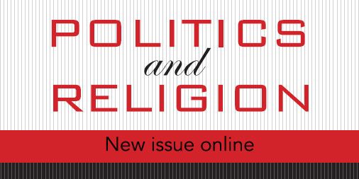 Banner promoting the new issue online for 'Politics and Religion' with the journal's name in large red and gray letters on a striped background.
