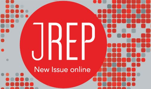 Logo of JREP with the text "New Issue online" set against a background of red dots of varying sizes on a gray backdrop.