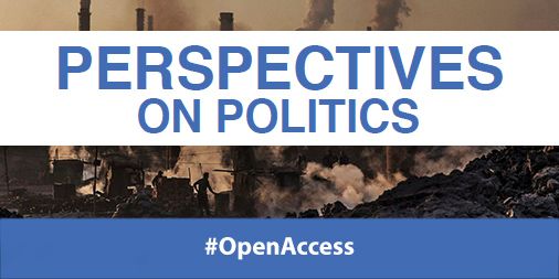 Promotional banner for "Perspectives on Politics" featuring a background image of a smoky, disaster-stricken area with the hashtag #OpenAccess visible.