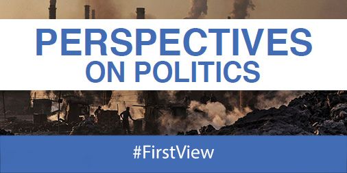 Image showing a banner for "Perspectives on Politics" with a smokey industrial backdrop and "#FirstView" tagline.
