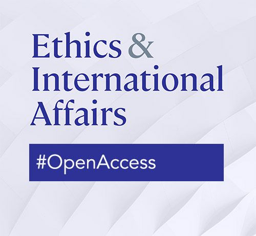 Logo of 'Ethics & International Affairs' with the hashtag 'OpenAccess' on a blue banner, set against a light grey geometric background.