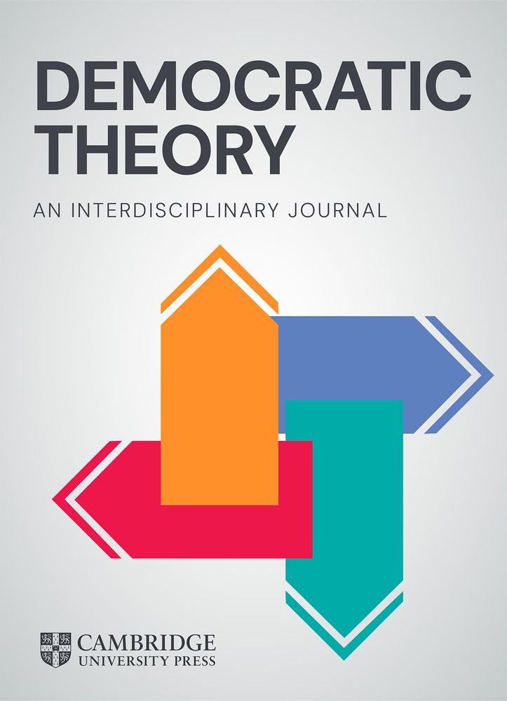 Cover of "Democratic Theory: An Interdisciplinary Journal" published by Cambridge University Press, featuring multi-colored arrows pointing in different directions on a grey background.