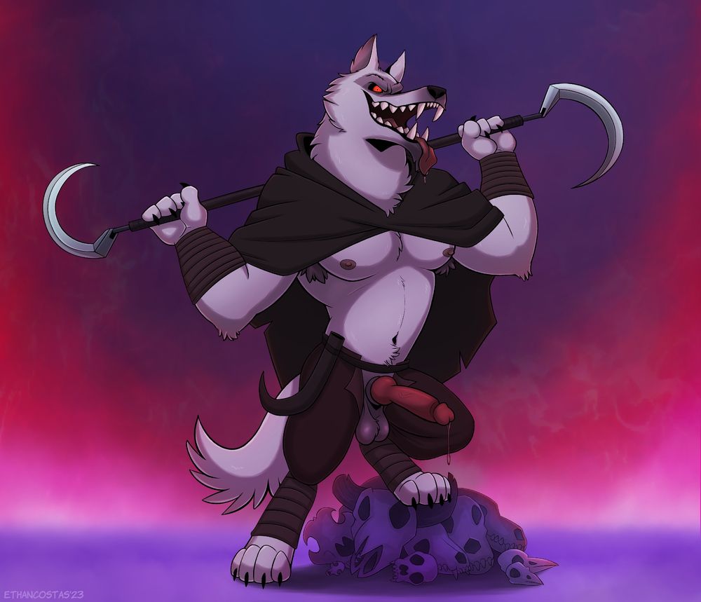 Death Wolf from Puss in Boots: The Last Wish with his weapon: a knotted dong out, and his other weapon: his double-bladed glaive, his foot paw on a pile of various animal skulls, and flames from the movie behind him.