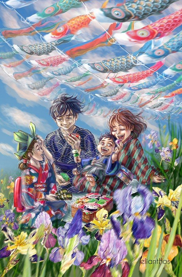 Fanart of Yuuri, Mari, Toshiya and Hiroko Katsuki from Yuri!!!onICE, celebrating Japanese Children's Day, on May 5th. Koinobori鯉のぼり 🎏 decorations in various colors represents the members of the family. Special food is prepared on this day. Iris flowers and the kabuto origami helmet tie into this festivity traditional auspicious symbolism of strength and health.  