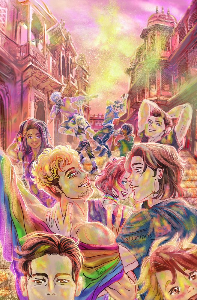 Group fanart  featuring Victor, Yuuri, Yuri, Phichit, Sara, Mila, Georgi, Otabek, Minami, Christophe and 'Masumi' aka his mystery boyfriend/choreographer/skating staff member glimpsed in the show.  Made for the Yuri!!!onIce Pride zine. 
The gang is returning from a Holi gathering - the Festival of Colours in India (a celebration of love!) - and as such are covered in many coloured dust pigment typically painted and also thrown around for the occasion. 
Background architecture is inspired by Agra and Jaipur historical buildings. 