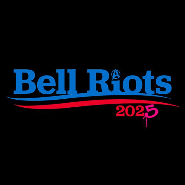 A "Bell Riots 2024" logo modified to say 2025. The logo is modeled after Bernie Sanders' presidential campaign logo, the the 5 is in hot pink with a spatter and drip as if spray painted.