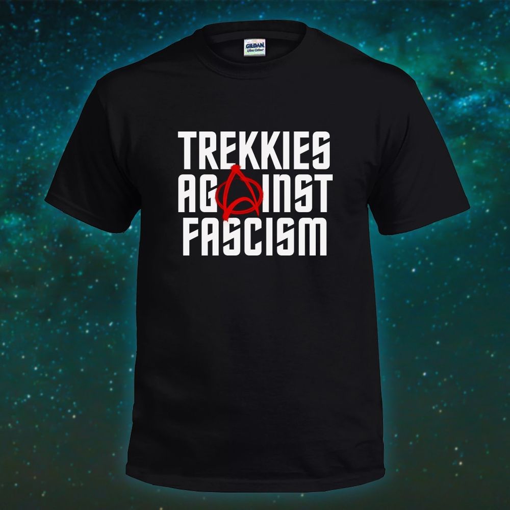 A black t-shirt with the same "Trekkies against fascism" logo.
