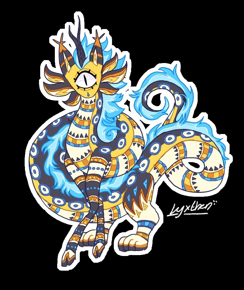 Drawing of an alebrije, traditional mexican fantasy creature. It has a long, snake-like body with intricate patterns, the front legs ofna deer and the back legs of a lion. It has a mane that simulates blue flames. In its head there is a bifurcated horn, lynx ears, and amphibian gills. It has a single eye. It is reminiscent of the character Bill Cipher, from Gravity Falls.