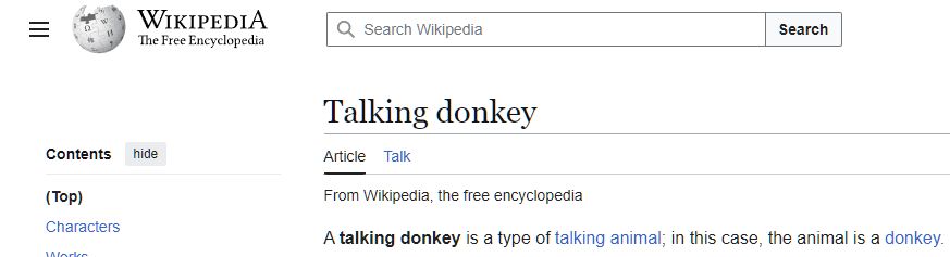 a screenshot of the wikipedia entry "Talking donkey." The beginning of the description reads: "A talking donkey is a type of talking animal, in this case, the animal is a donkey."