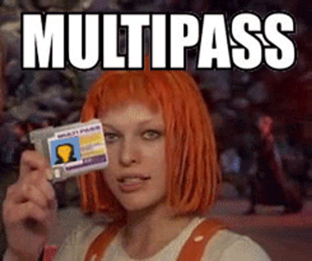 a woman with red hair is holding a badge that says multipass on it