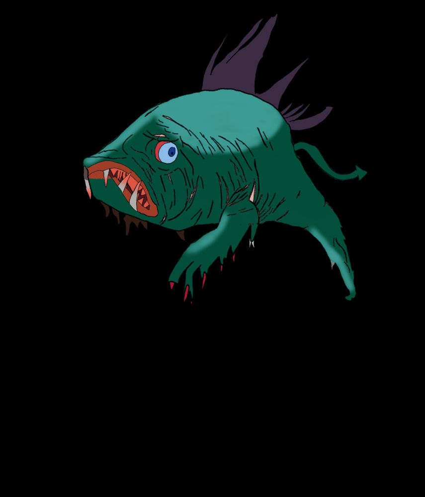 drawing of a very ugly fish with arms and legs (cheated perspective is used to only draw one of each).  It's cyan at the top and green everywhere else, with sharp teeth and spines covered in blood.  It has purple fins at the top and red beardlike fins on its chin.  It has a small devil tail.