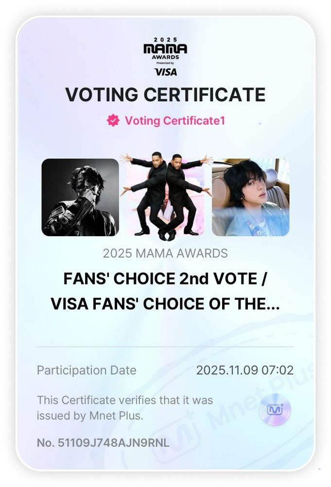 MAMA voting certificate for current voting period highlighting votes for j-hope and Jin for Fans’ Choice