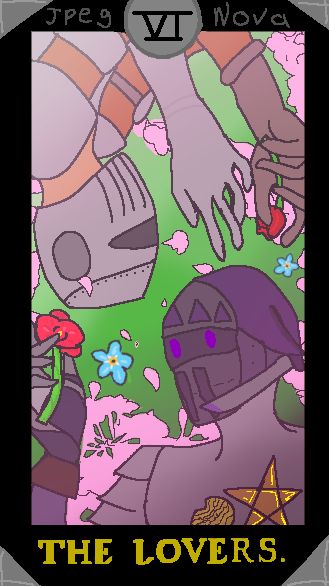 A tarot card-esque with the text on the bottom border saying “The Lovers” and the Roman numerals ‘VI’ or which is 6.

There are two characters, Nox belonging to me on the bottom right and Dason belonging to @vk1ng.bsky.social on the top left. Both of which are laying down on the grass with petals surrounding them as they hold one flower each. 

Nox is holding a poppy, whereas Dason is holding a Rose. There are Two forget-me-nots beside the two characters.