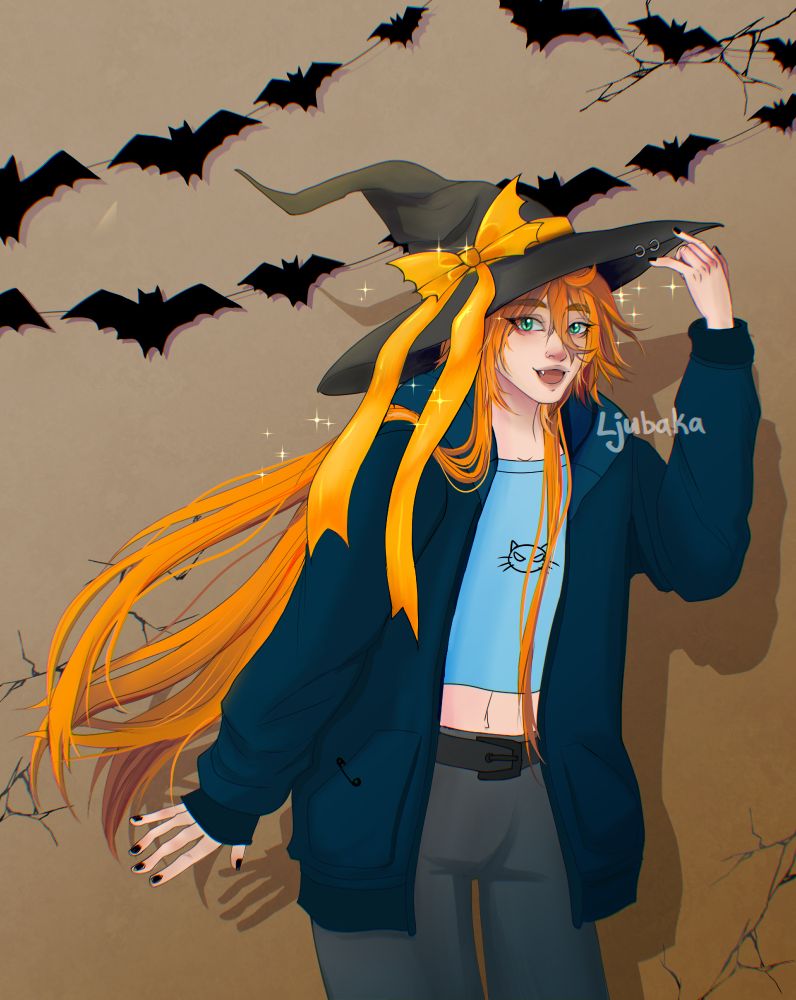 My OC in a witch hat with a yellow bow on it, paper bat decorations on the wall behind him. 
He is a ginger catboy with long hair and green eyes.