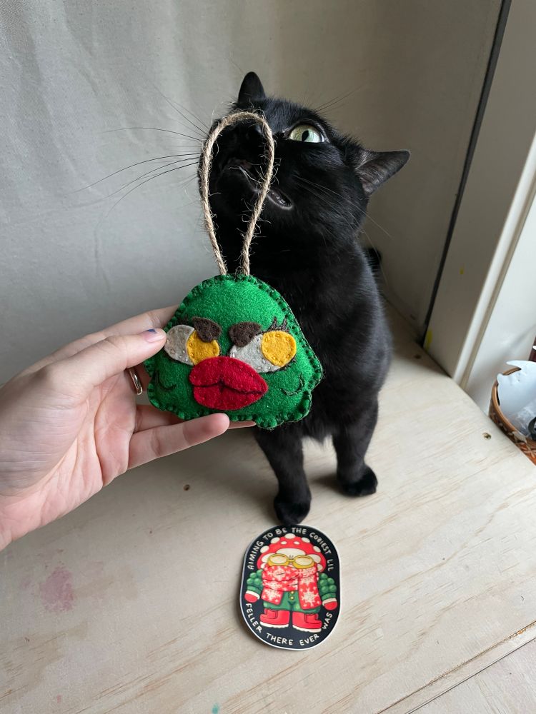 Photo of me holding a hand sewn felt ornament/wall hanging of the creature from the black lagoon but HOT with those thick lips and long lashes. Juniper, my black cat is shoving her nose through the hanging loop as I’m holding it 