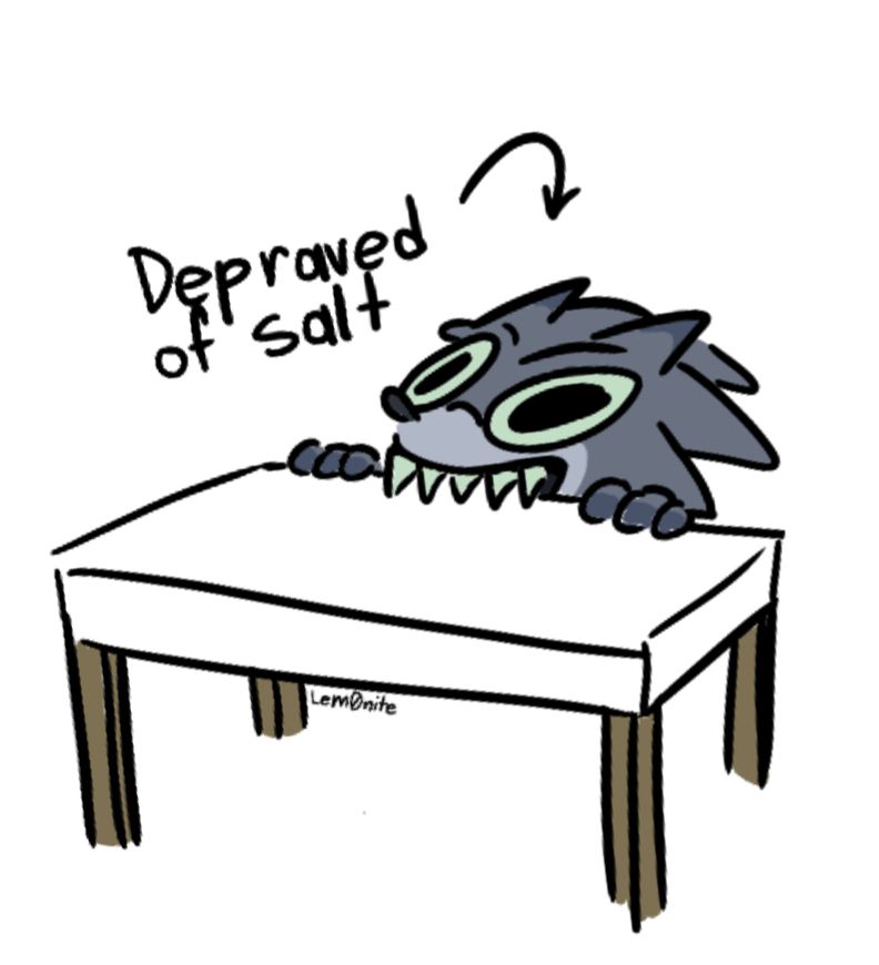 “Sonic” / 2017x chewing on a table. Text says “Depraved of salt” to “Sonic's” right with an arrow pointing to it.