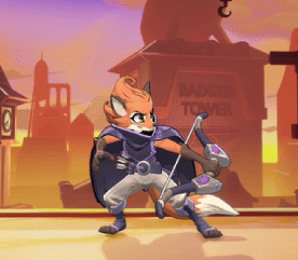 a cartoon fox is holding a bow and arrow in front of a badger tower