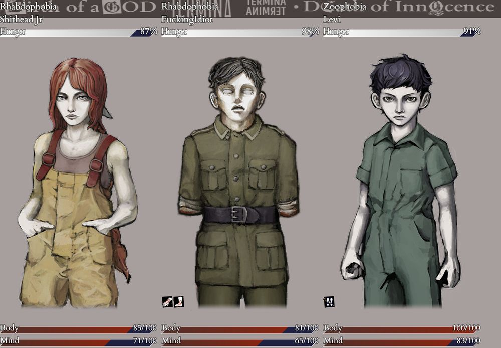 Me with a ghoul and Levi. One ghoul is mysteriously missing, the remaining ghoul has no arms anymore (yet somehow still has infected arms), and Levi is addicted to heroin