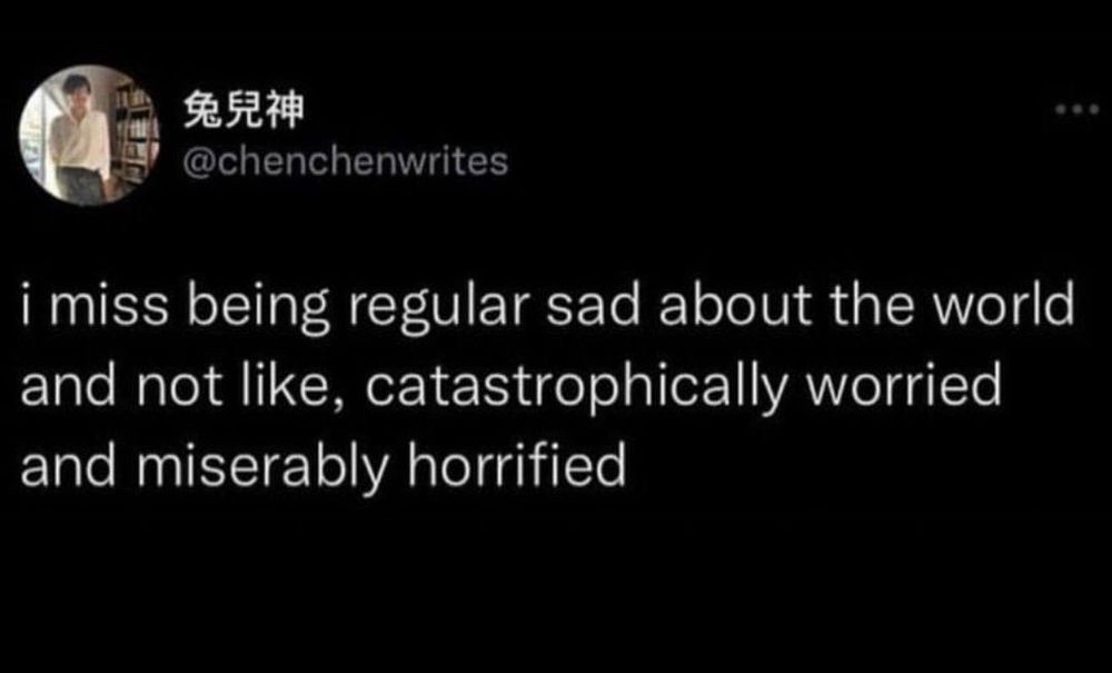 “i miss being regular sad about the world and not like, catastrophically worried and miserably horrified”
