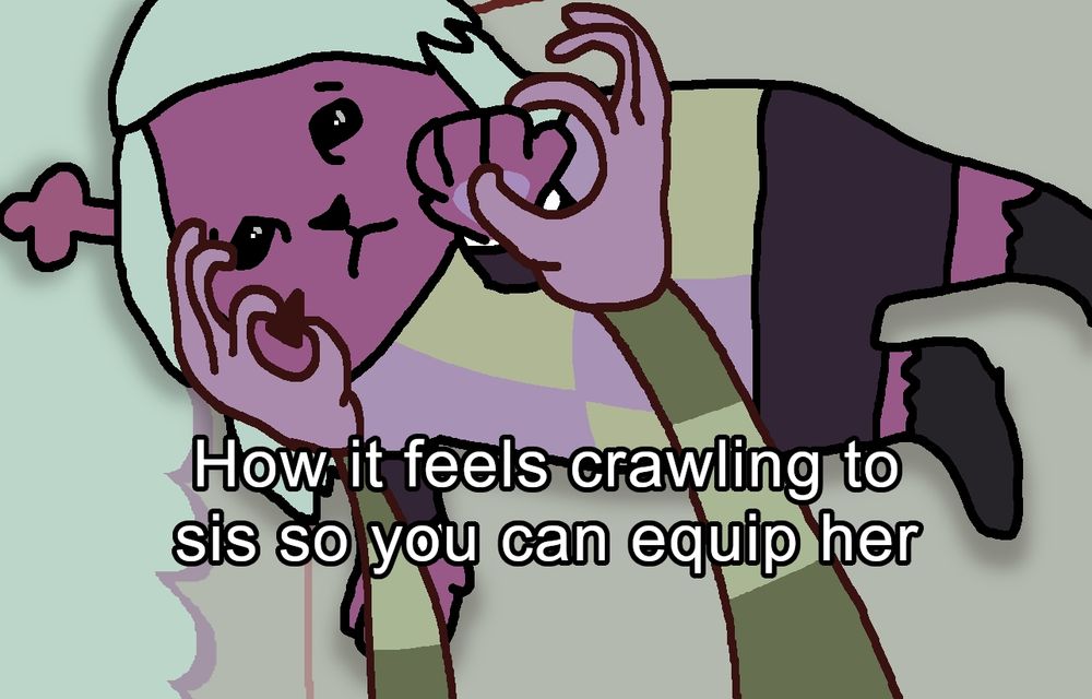 Edited version of a cat meme to be about Deltarune. It says "How it feels crawling to sis so you can equip her"; Kris is about to put the thorn in Noelle's finger.
