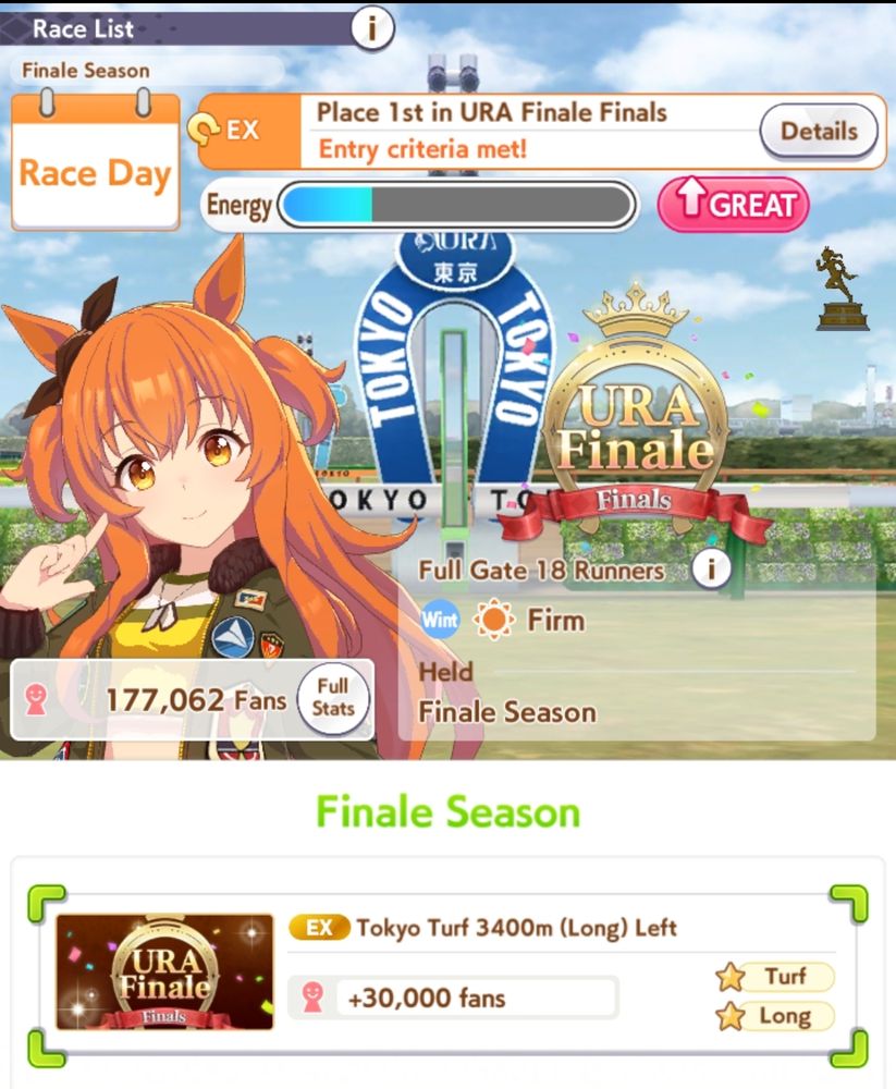 Uma Musume: Pretty Derby; Race list during the finale, showing that I need to race URA Finale Long