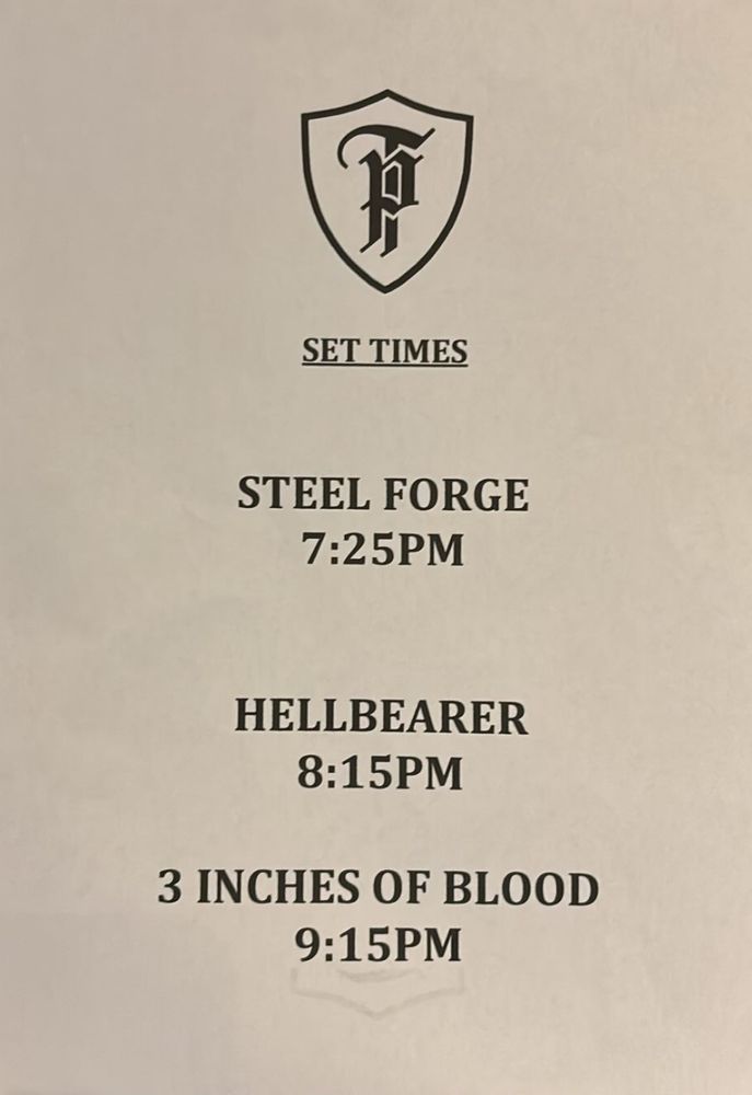 Set times tonight for Three Inches of Blood at the Bread Shed, #Manchester:
Doors - 19:00
Steel Forge - 19:25
Hellbearer - 20:15
3IoB - 21:15