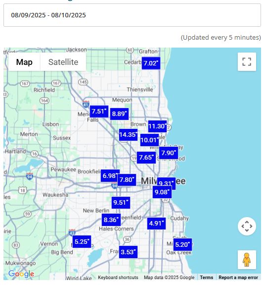 Map shows rainfall amounts around Milwaukee, WI, ranging from 3.5 to 14.3 inches.