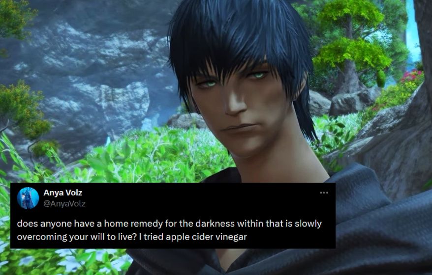 A screenshot of Hermes from FFXIV.  A pasted post from Twitter reads "does anyone have a home remedy for the darkness within that is slowly overcoming your will to live? i tried apple cider vinegar".