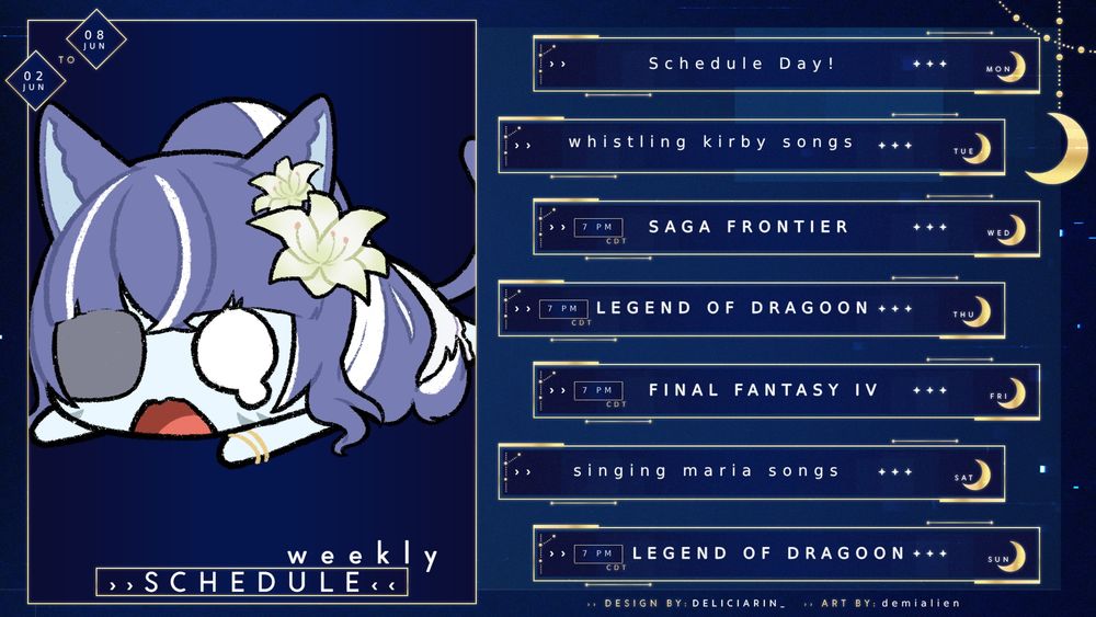 Wednesday at 7pm CDT: SaGa Frontier
Thursday at 7pm CDT: Legend of Dragoon
Friday at 7pm CDT: Final Fantawsy IV
Sunday at 7pm CDT: Legend of Dragoon