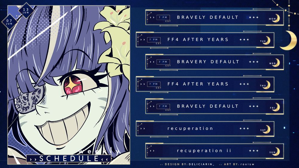 Bravely Default streaming at 7pm CT Monday, Wednesday & Friday.
FF4 The After years streaming at 7pm CT Tuesday & Thursday