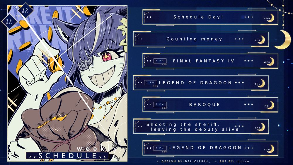 Wednesday @ 7pm CDT: FF4
Thursday @ 7pm CDT: Legend of Dragoon
Friday @ 7pm CDT: Baroque (Wii)
Sunday @ 7pm CDT: Legend of Dragoon