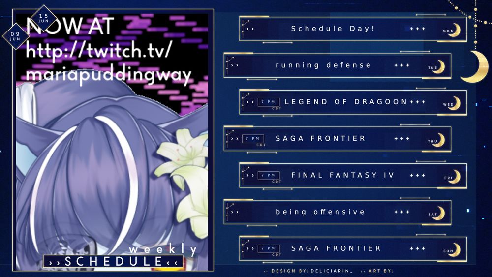 Legend of dragoon at Wednesday at 7pm CT.
Saga Frontier at Thursday and Sunday at 7pm CT.
Final Fantasy IV at Friday at 7pm CT.