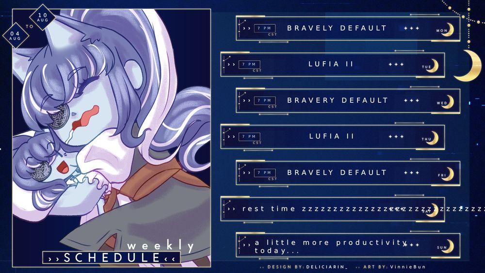 Streaming...
Bravely Default!  Monday, Wednesday & Friday at 7pm.
Lufia II!  Tuesday & Thursday at 7pm!