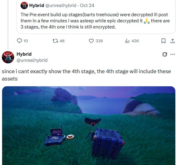 A Twitter screenshot showing a user named Hybrid showing a fourth, still mostly encrypted stage of the currently ongoing Simpsons Fortnite teaser involving Bart's Treehouse.