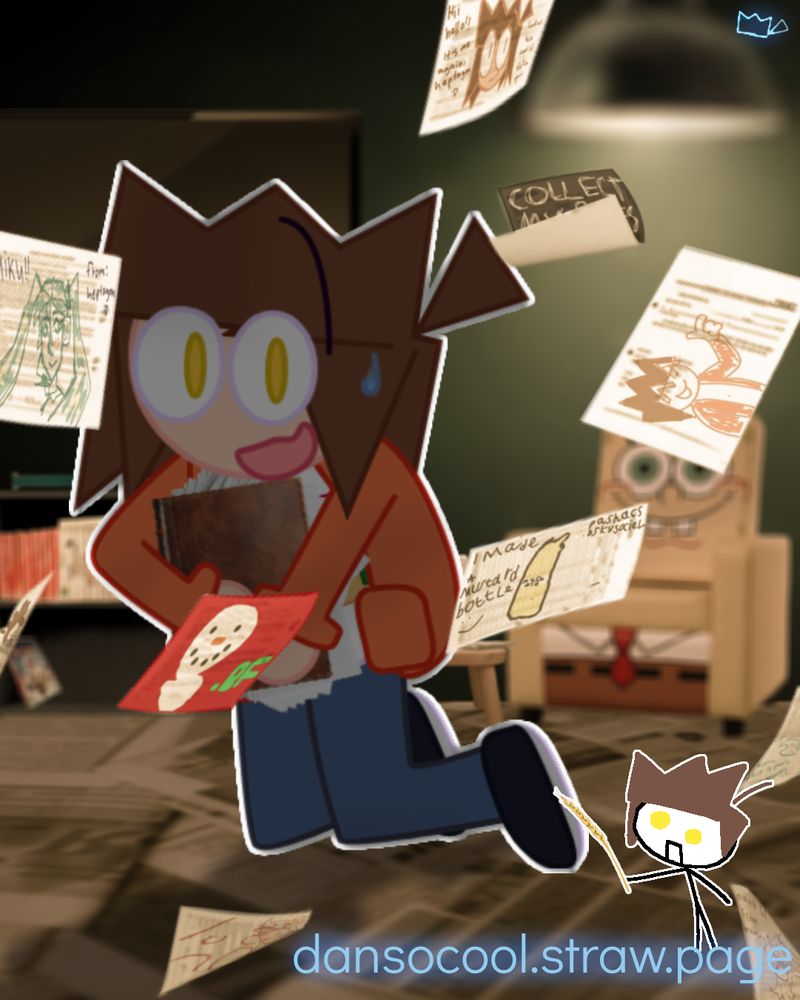 A drawing I made to advertise my Strawpage that I have. All the papers in the image have real drawings people submitted to it on them.