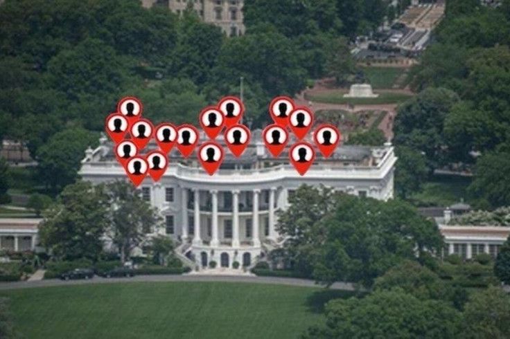 The White House, labeled with 17 sex offender pins, in the style of the Not Like Us single cover