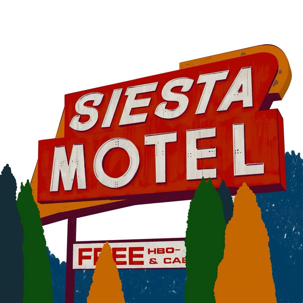 Illustration of a vintage motel sign that says “Siesta Motel”. Drawn using the Procreate app.