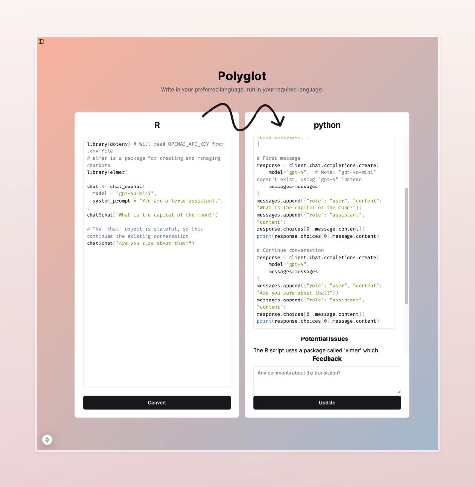 Screenshot of a web application with two panes connected by an arrow. The left pane says "R" and contains a basic R script, the right side says "Python" and contains a similar script but written in the python programming language. 
