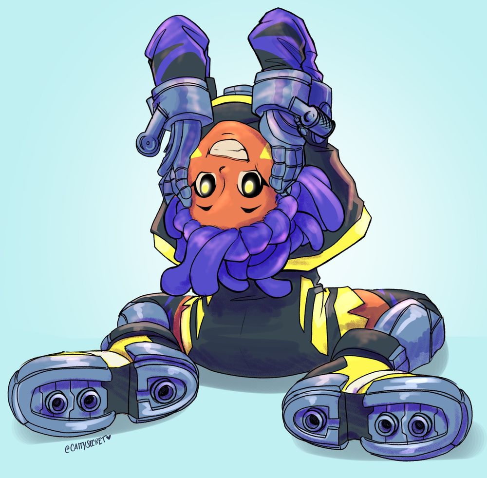 Digital sketch of Onsta’s sona/ character, Robonsta! Their body is facing away from the viewer, kneeling. Her head is off of her neck and behind held by her robot hand behind her back- the head is held upside down as she smiles big ! 