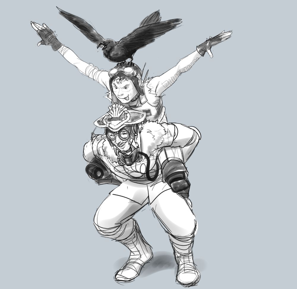 digital sketch of Bloodhound giving a piggy back ride to octane, who has Artur the raven perched on his head. Octane's arms are outstretched  to match Artur's spread wings, and Bloodhound laughs at them both.