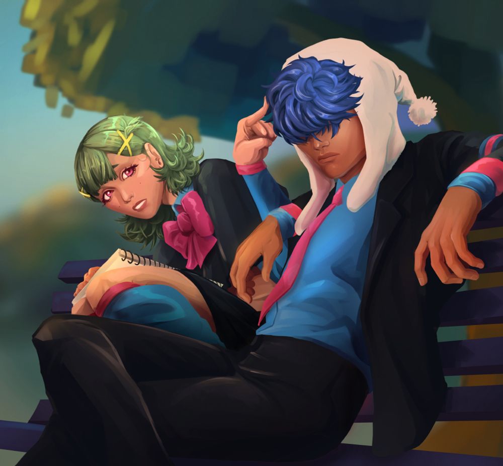 Digital painting of my friend Jocy's OCS, Peppermint and Luna - Peppermint is poking Luna in the side of the head and he is not reacting much!