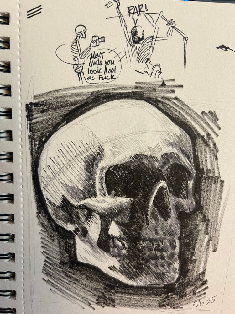 Traditional drawing of a skull in intense shadow. Above is a little doodle of two skeletons, one the a camera and the other with a lamp behind his head making it cast his face in shadow- the one with the camera has a word bubble that says “Wait dude you look cool as fuck”