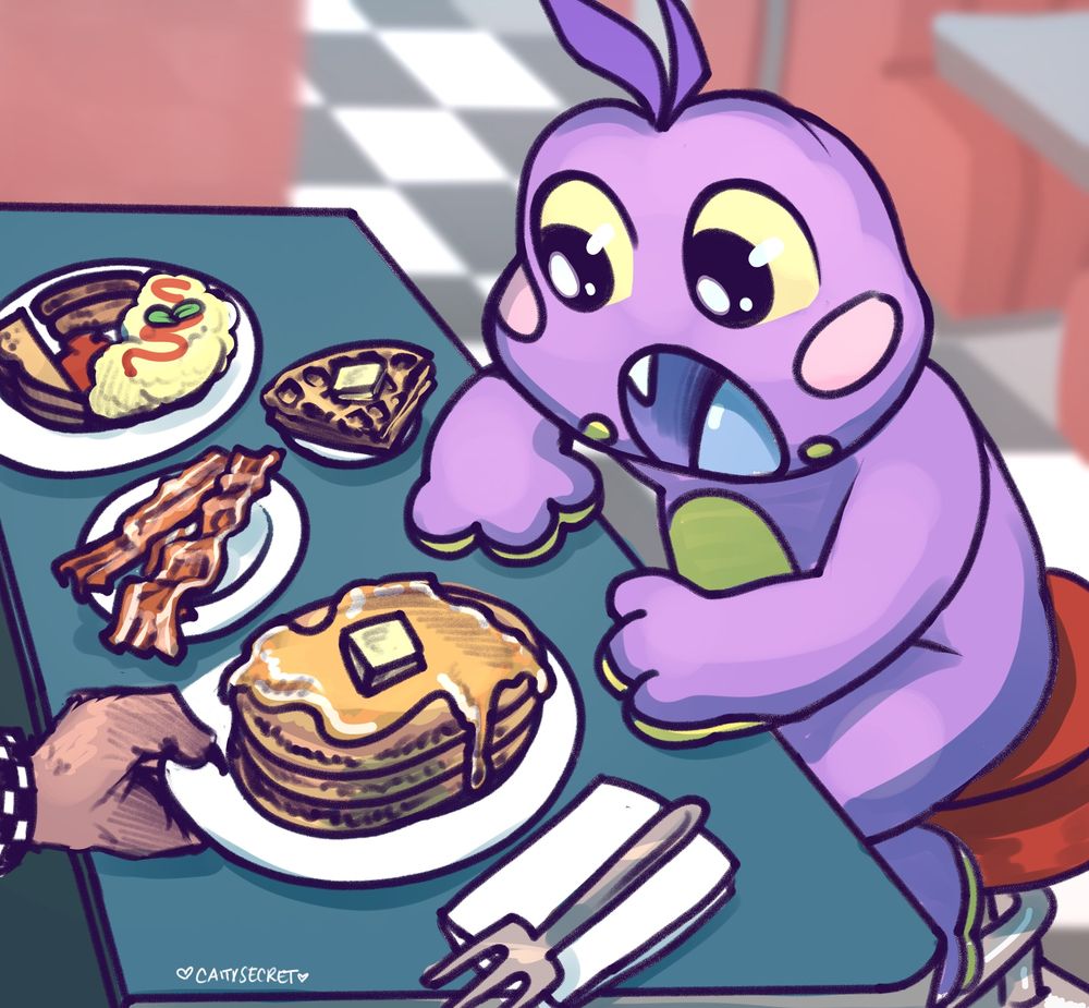 A squart little purple frog is overjoyed at being handed the biggest selection of breakfast foods that a diner could have! 